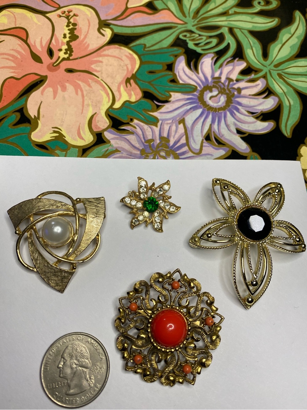 Vintage Gold tone Brooch Set with Coral & Pearl Accents